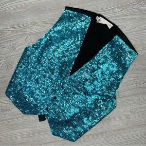 Vintage JC blue / teal vest shirt beaded sequin top w/ adjustable back medium